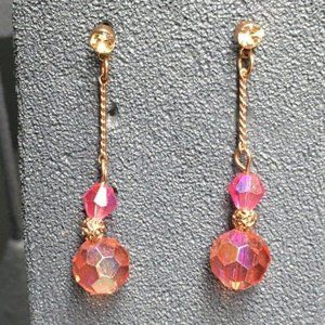 Dangle Chain Pierced Earrings Rhinestone Transluscent Pink Gold Retro BoHo